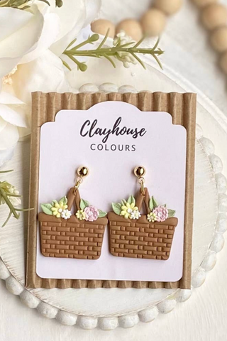 Floral Basket Clay Earrings